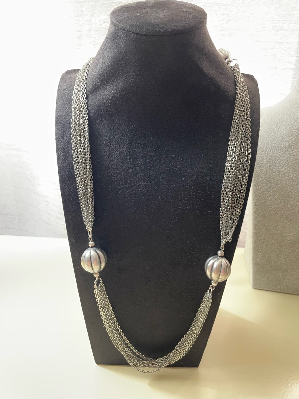 Silver Multi-Chain Necklace with Decorative Beads - Women Jewelry